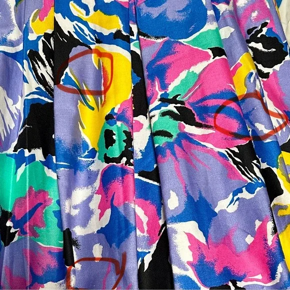Vintage 80s 90s Floral Pleated Midi Long Skirt Lavender Pink Teal Cotton Size 14 - Picture 9 of 17